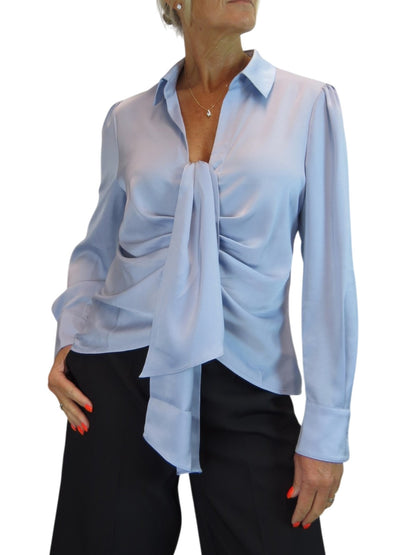 Womens Satin Long Sleeve Draped Front Smart Blouse Silver Blue
