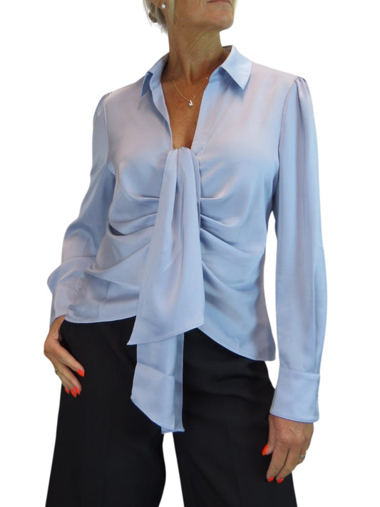 Womens Satin Long Sleeve Draped Front Smart Blouse Silver Blue