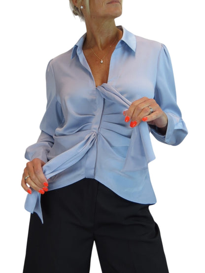 Womens Satin Long Sleeve Draped Front Smart Blouse Silver Blue