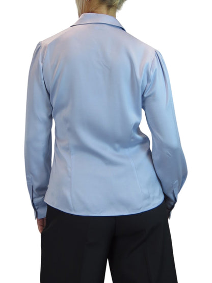 Womens Satin Long Sleeve Draped Front Smart Blouse Silver Blue