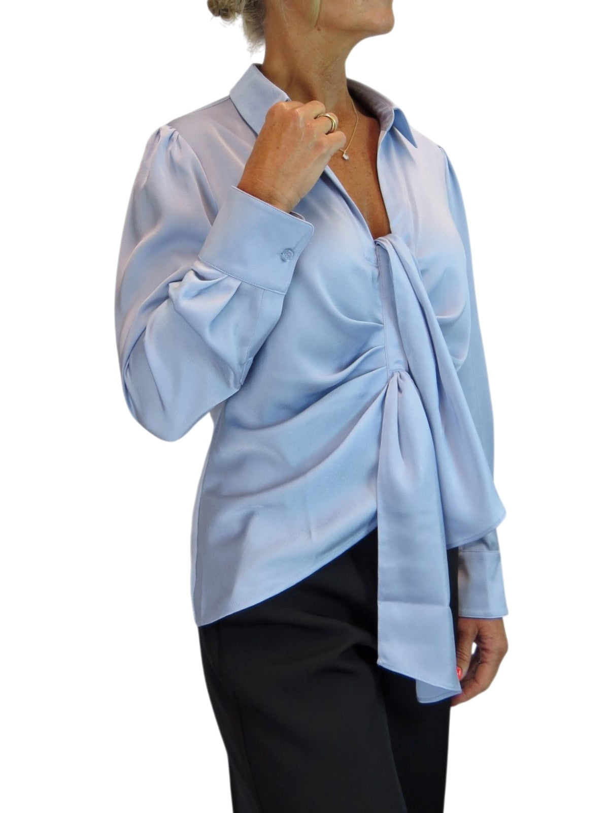 Womens Satin Long Sleeve Draped Front Smart Blouse Silver Blue