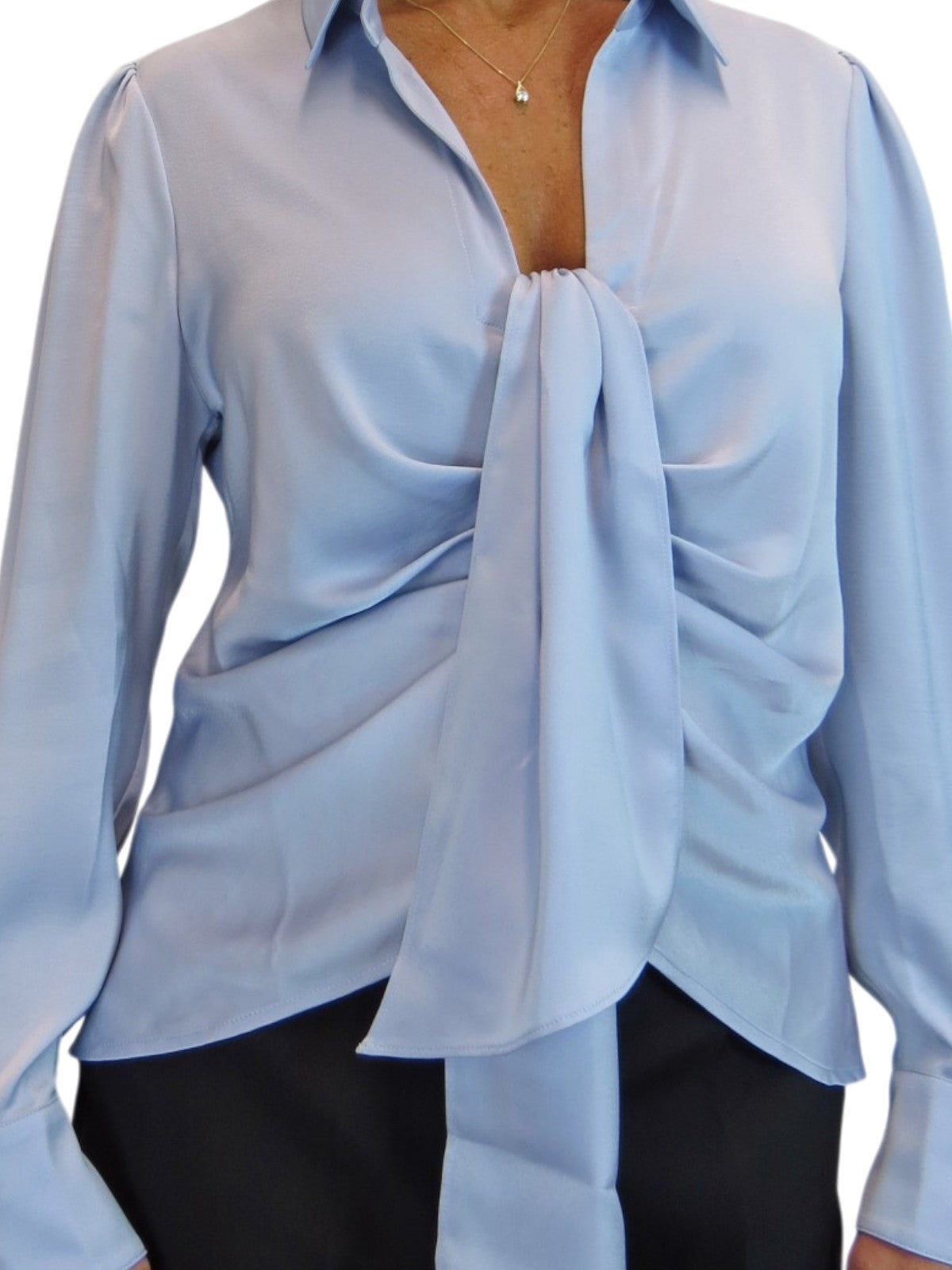 Womens Satin Long Sleeve Draped Front Smart Blouse Silver Blue