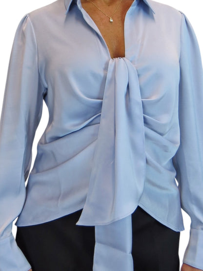 Womens Satin Long Sleeve Draped Front Smart Blouse Silver Blue