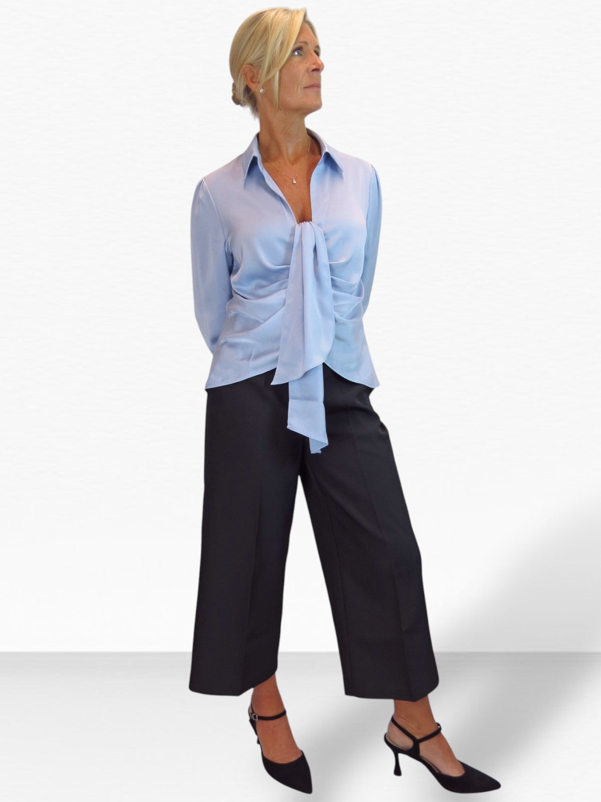 Womens Satin Long Sleeve Draped Front Smart Blouse Silver Blue