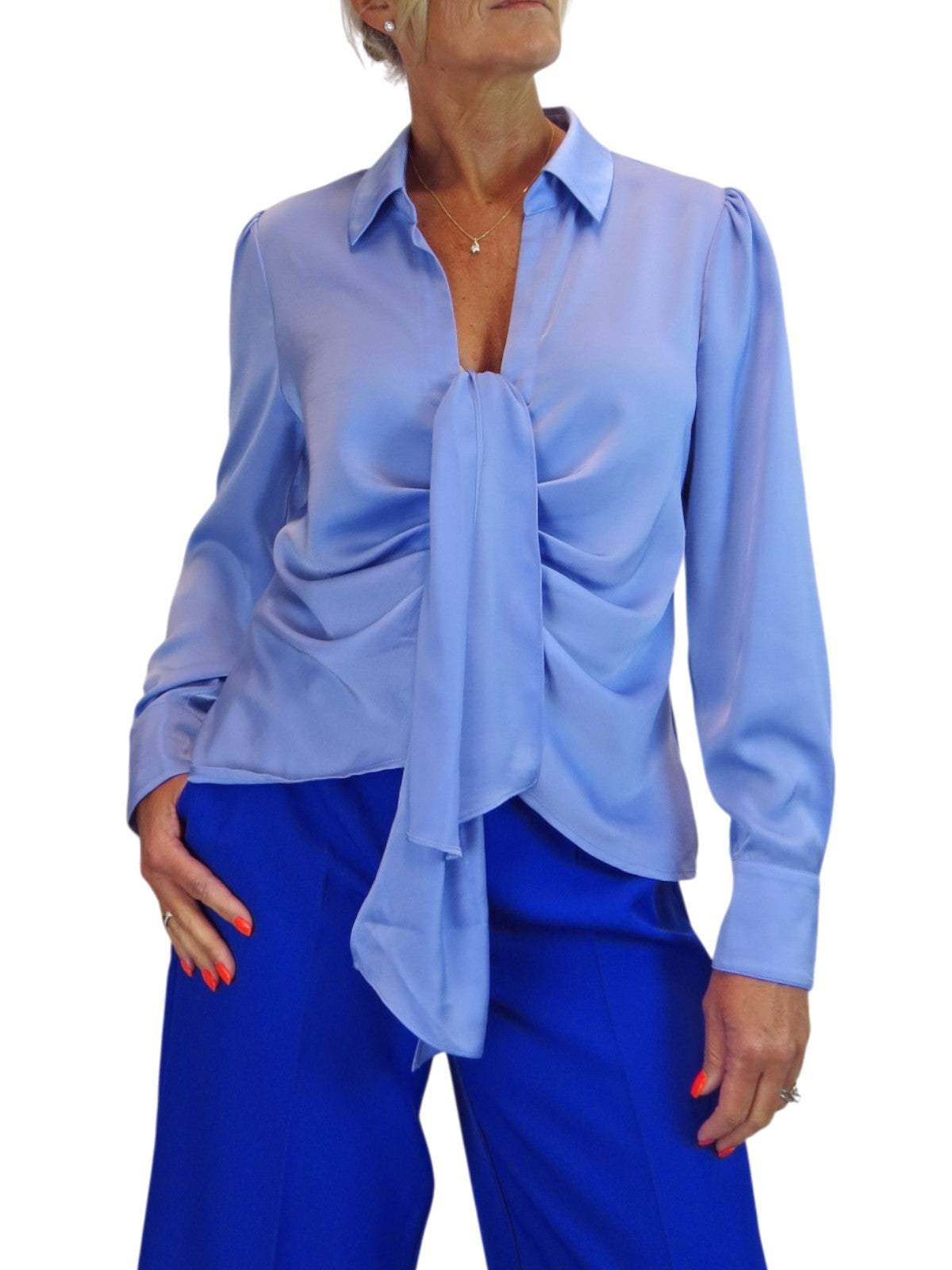 Womens Satin Long Sleeve Draped Front Smart Blouse Blue