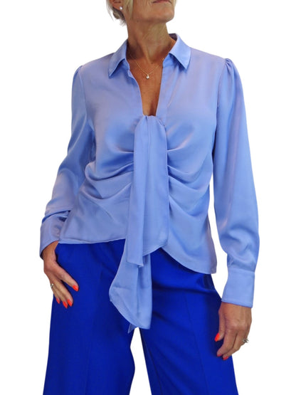 Womens Satin Long Sleeve Draped Front Smart Blouse Blue