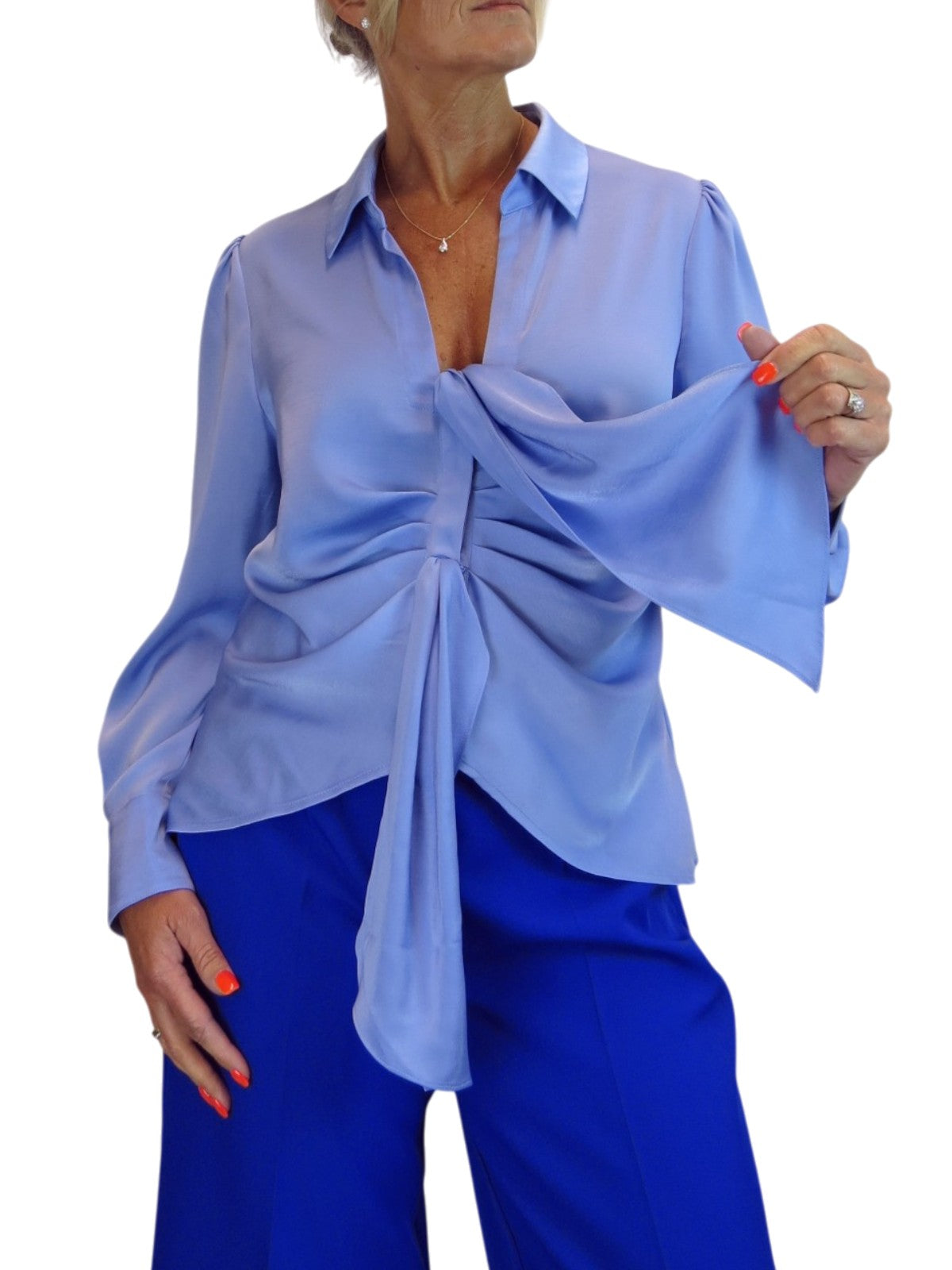 Womens Satin Long Sleeve Draped Front Smart Blouse Blue