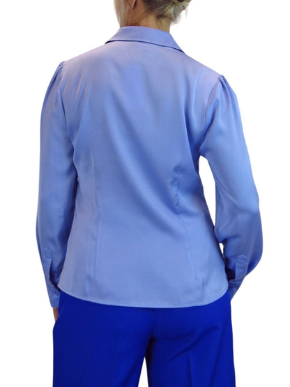 Womens Satin Long Sleeve Draped Front Smart Blouse Blue