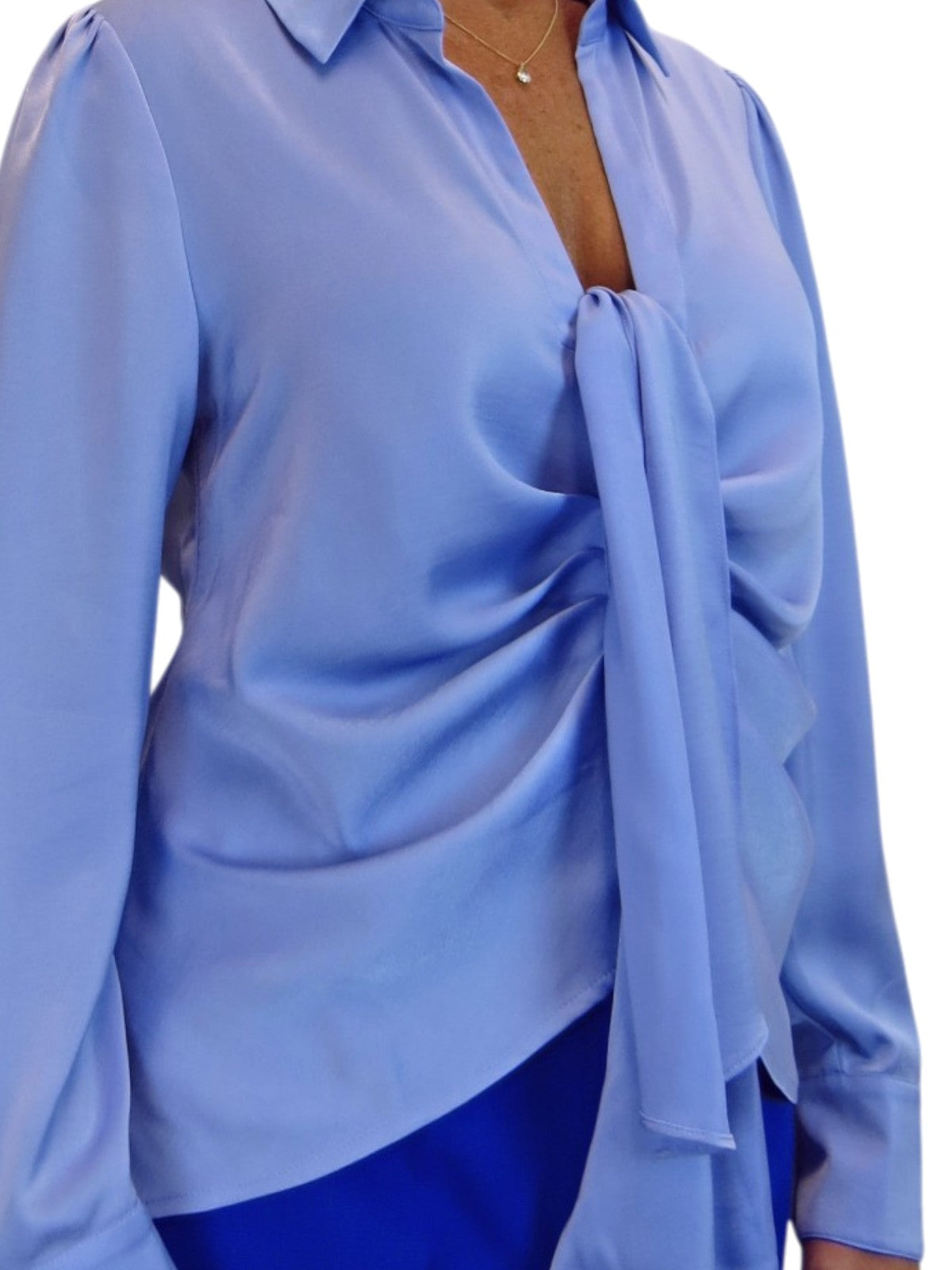 Womens Satin Long Sleeve Draped Front Smart Blouse Blue
