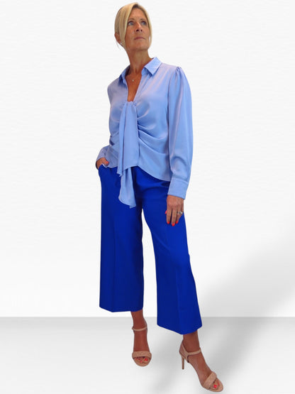 Womens Satin Long Sleeve Draped Front Smart Blouse Blue