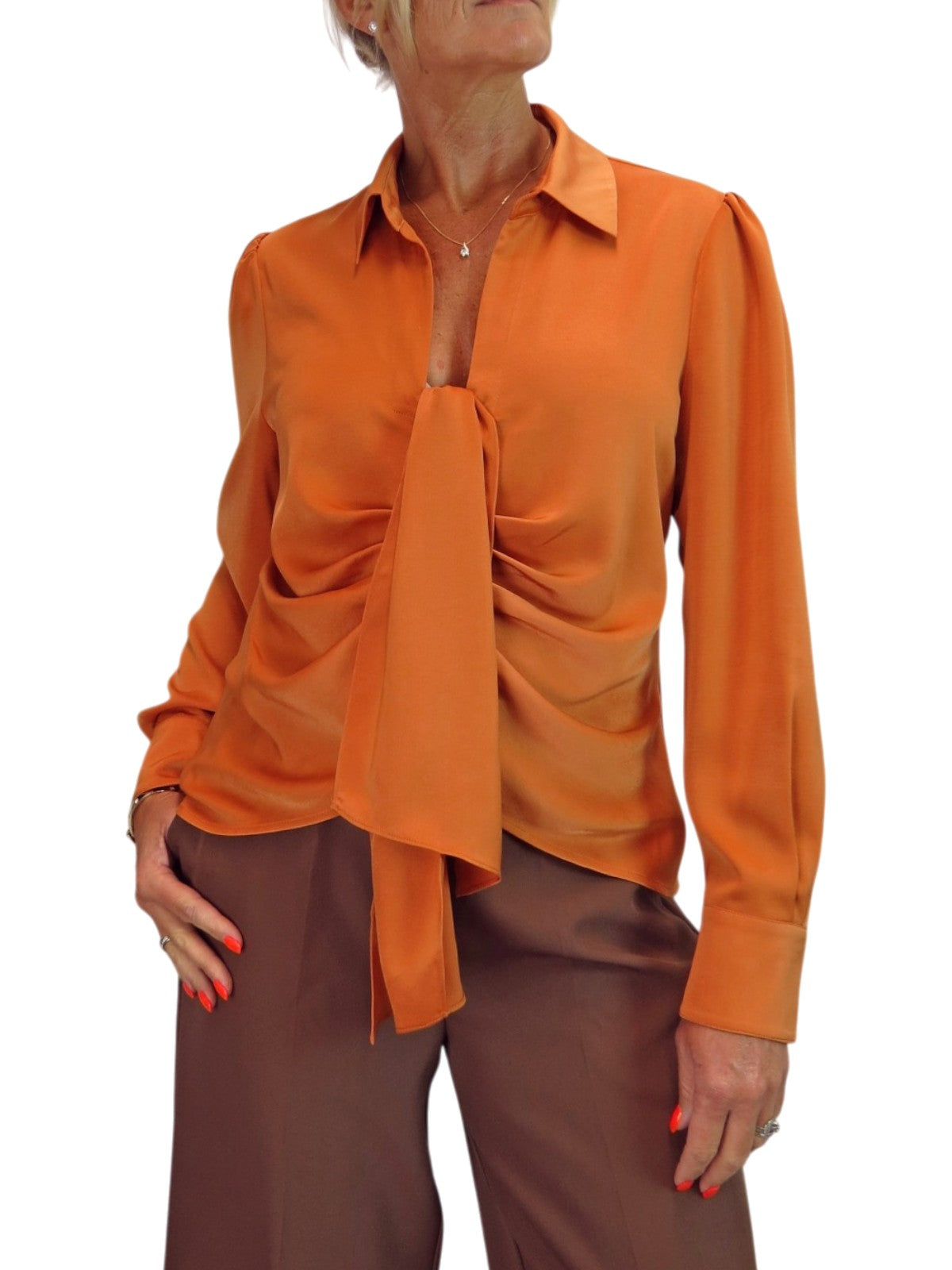 Womens Satin Long Sleeve Draped Front Smart Blouse Orange