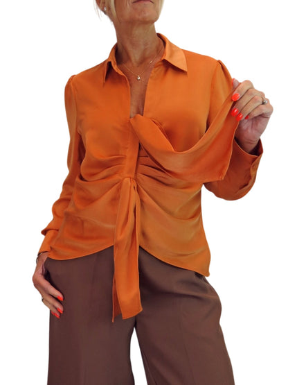Womens Satin Long Sleeve Draped Front Smart Blouse Orange