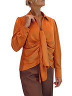 Womens Satin Long Sleeve Draped Front Smart Blouse Orange