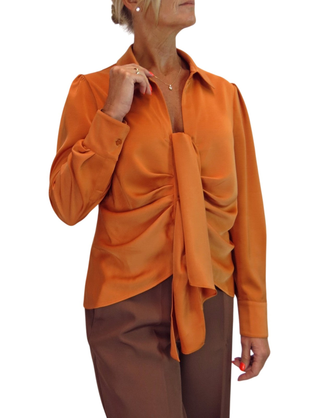 Womens Satin Long Sleeve Draped Front Smart Blouse Orange