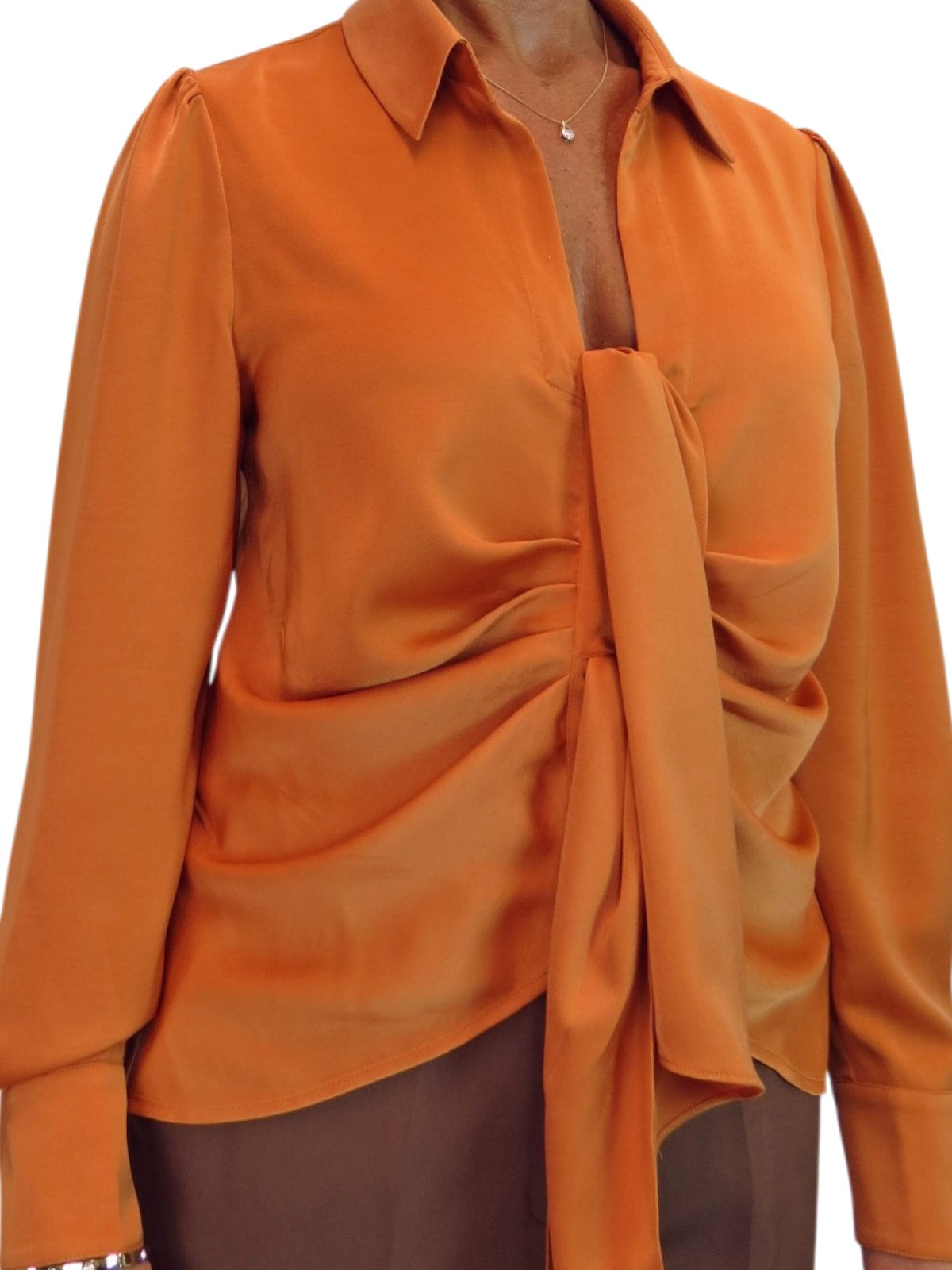 Womens Satin Long Sleeve Draped Front Smart Blouse Orange