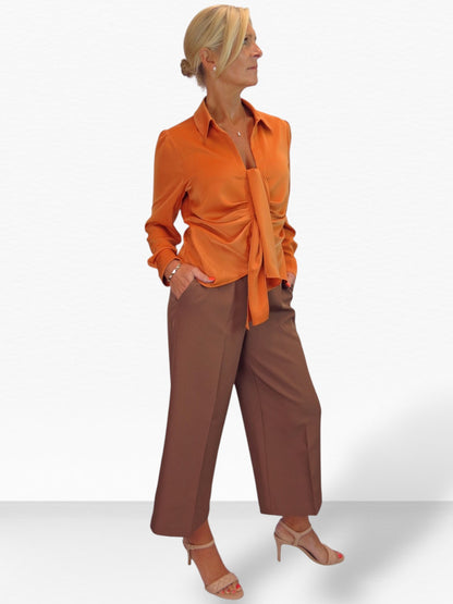 Womens Satin Long Sleeve Draped Front Smart Blouse Orange