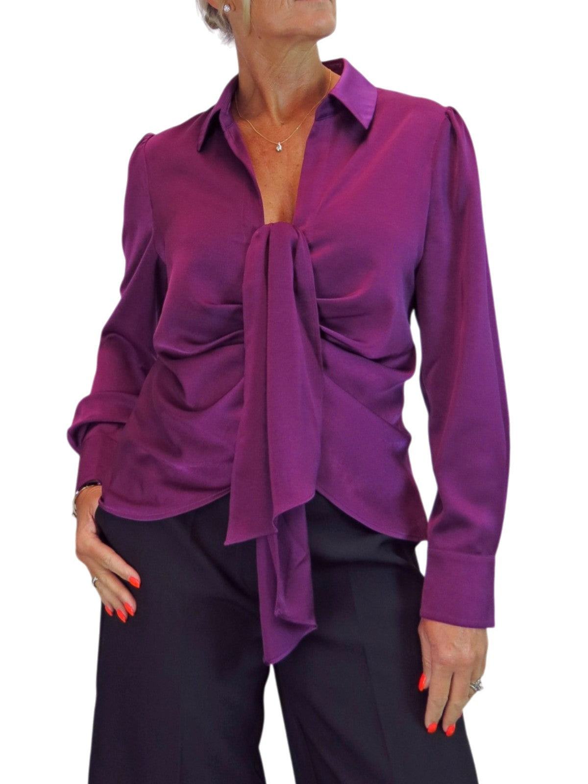 Womens Satin Long Sleeve Draped Front Smart Blouse Deep Plum