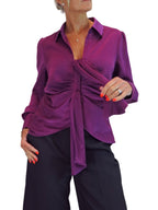 Womens Satin Long Sleeve Draped Front Smart Blouse Deep Plum
