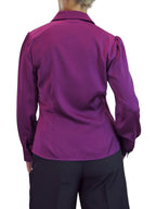 Womens Satin Long Sleeve Draped Front Smart Blouse Deep Plum