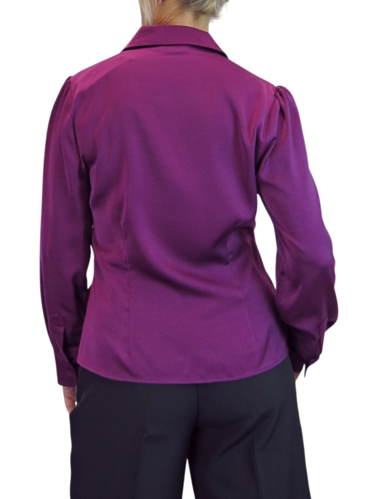 Womens Satin Long Sleeve Draped Front Smart Blouse Deep Plum