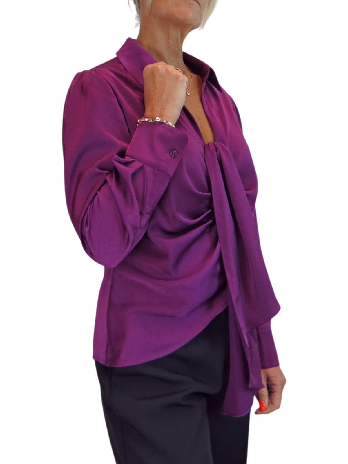 Womens Satin Long Sleeve Draped Front Smart Blouse Deep Plum