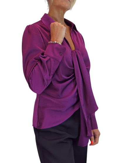 Womens Satin Long Sleeve Draped Front Smart Blouse Deep Plum