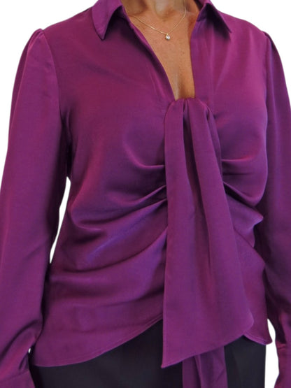 Womens Satin Long Sleeve Draped Front Smart Blouse Deep Plum