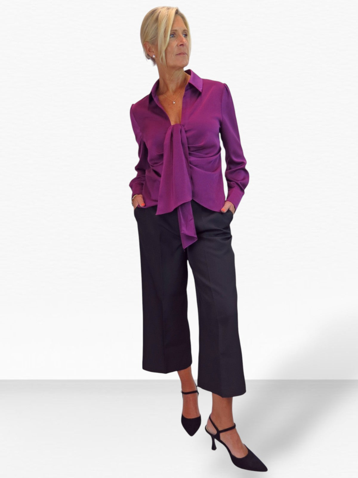 Womens Satin Long Sleeve Draped Front Smart Blouse Deep Plum