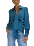 Womens Satin Long Sleeve Draped Front Smart Blouse Dark Teal