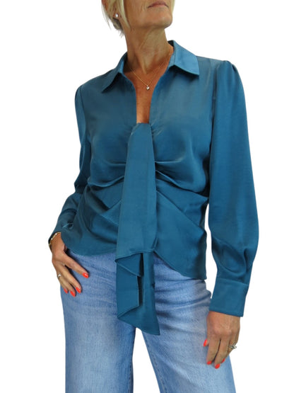 Womens Satin Long Sleeve Draped Front Smart Blouse Dark Teal