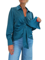 Womens Satin Long Sleeve Draped Front Smart Blouse Dark Teal
