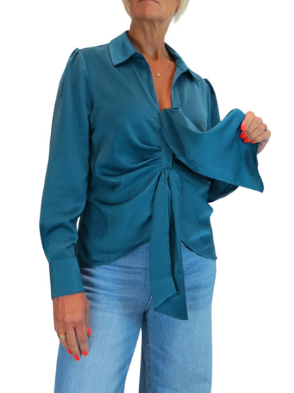 Womens Satin Long Sleeve Draped Front Smart Blouse Dark Teal
