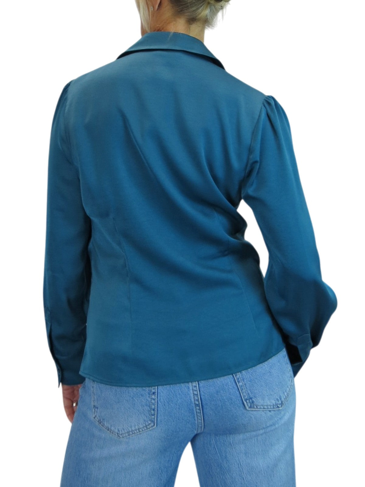 Womens Satin Long Sleeve Draped Front Smart Blouse Dark Teal