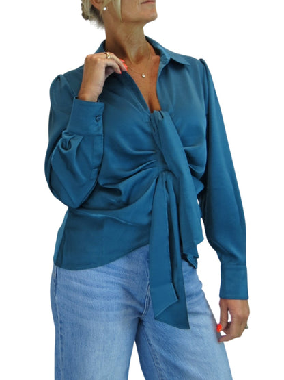 Womens Satin Long Sleeve Draped Front Smart Blouse Dark Teal