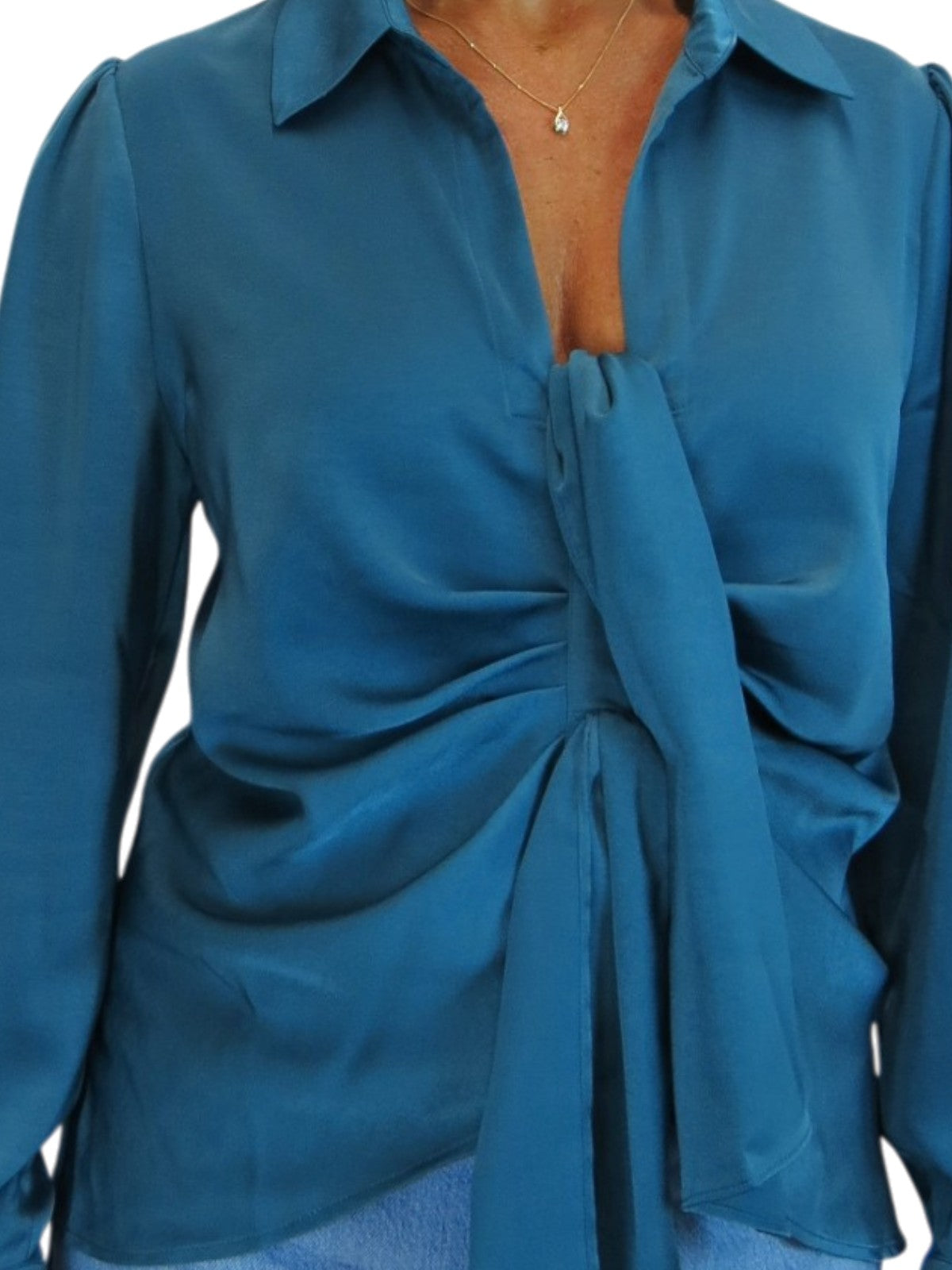 Womens Satin Long Sleeve Draped Front Smart Blouse Dark Teal