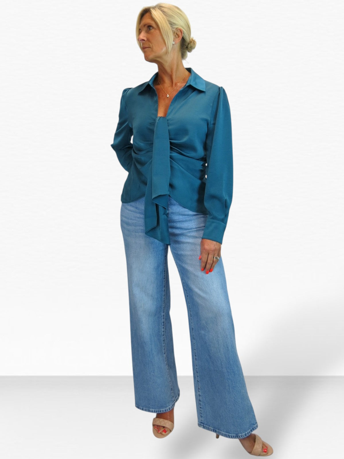 Womens Satin Long Sleeve Draped Front Smart Blouse Dark Teal