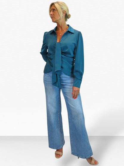 Womens Satin Long Sleeve Draped Front Smart Blouse Dark Teal