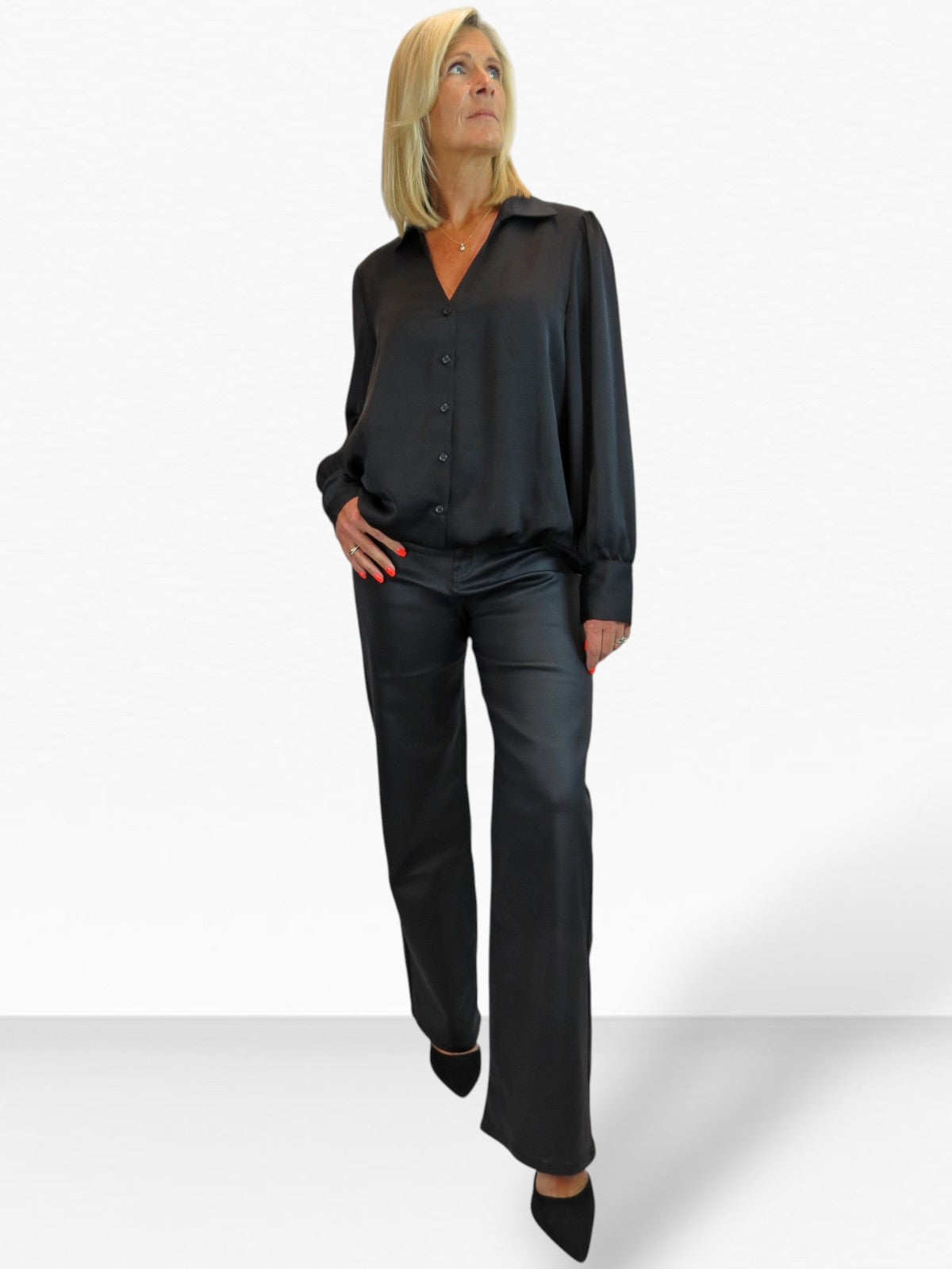 Womens Smart Satin Long Sleeve Blouse Black
