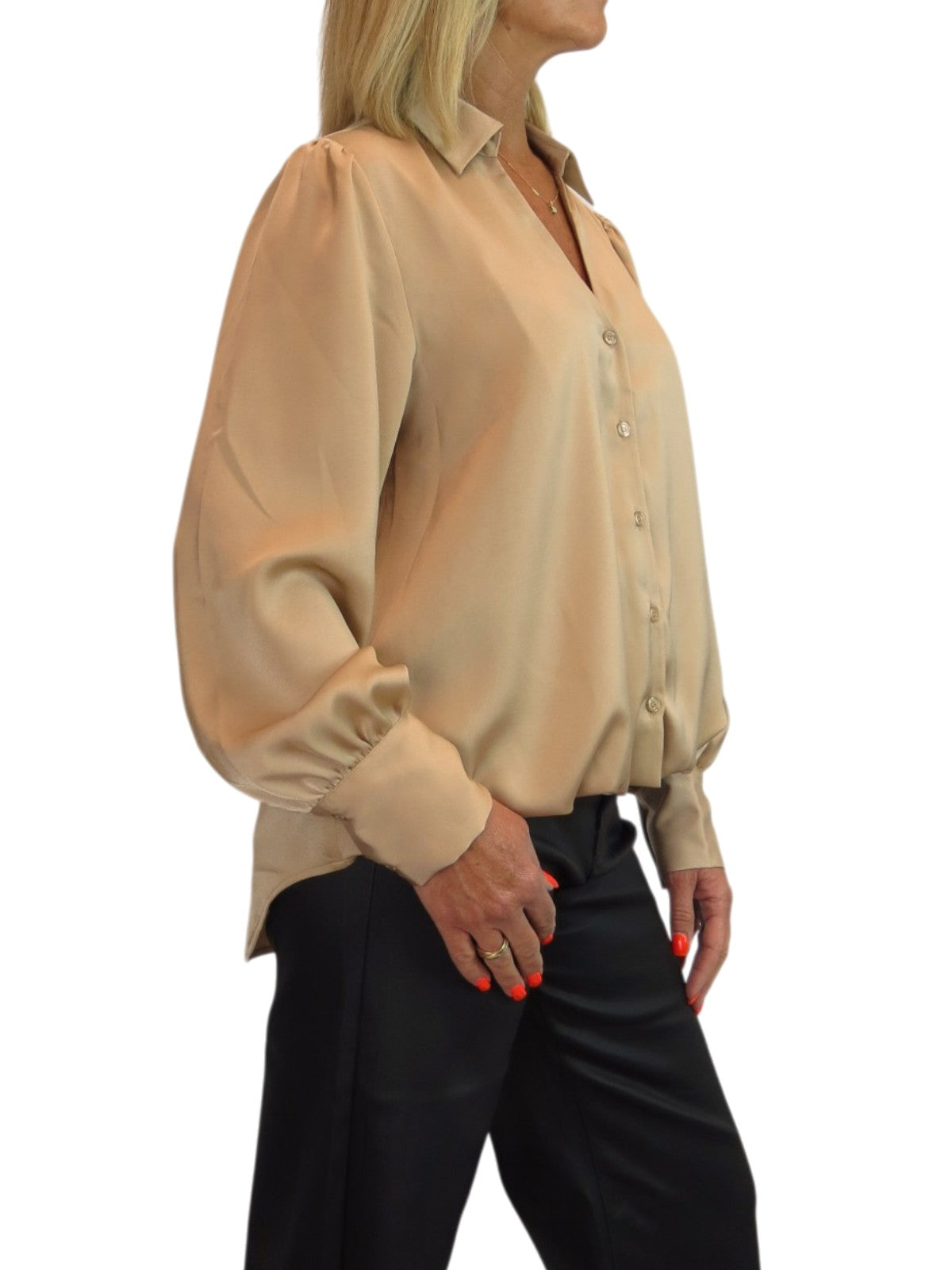 Womens Smart Satin Long Sleeve Blouse Champagne Gold