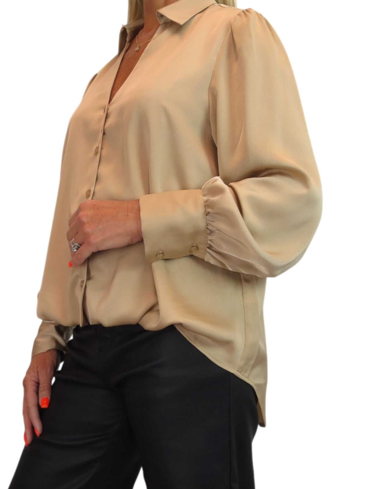 Womens Smart Satin Long Sleeve Blouse Champagne Gold