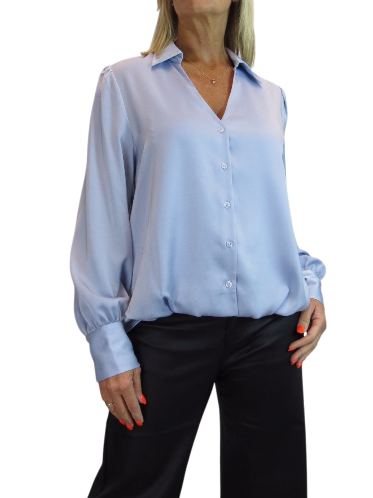 Womens Smart Satin Long Sleeve Blouse Silver Blue