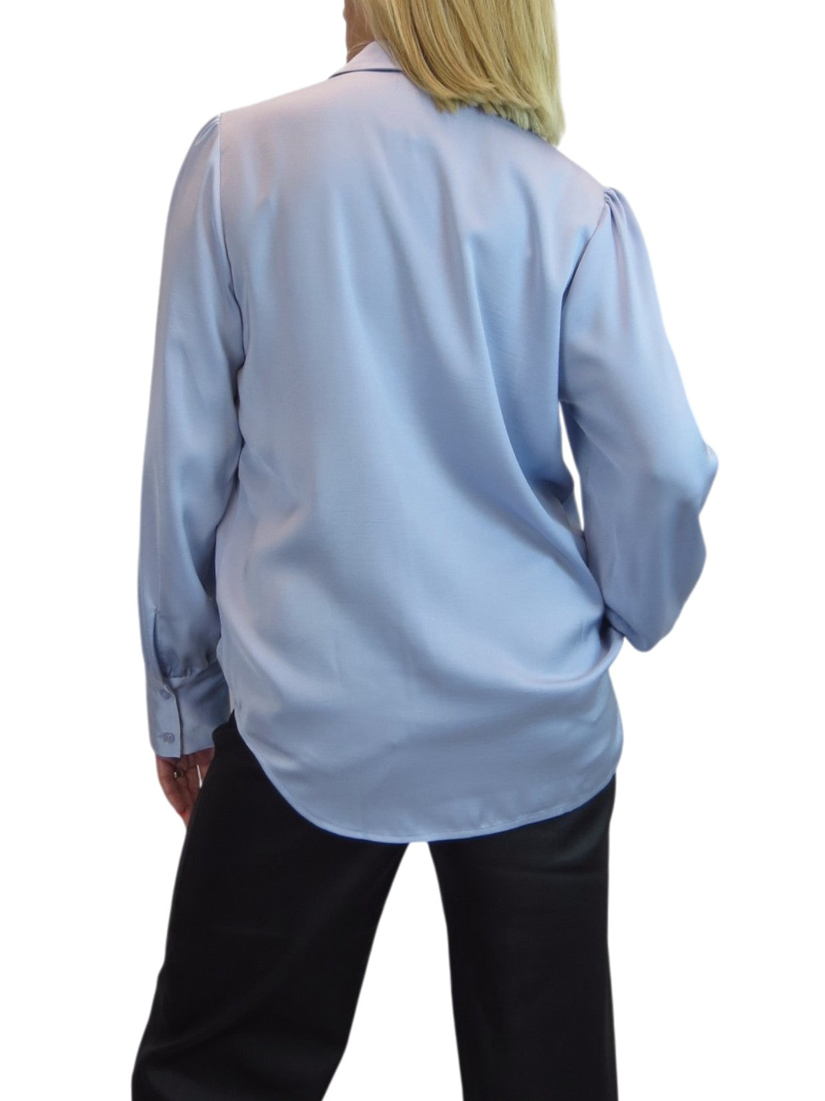 Womens Smart Satin Long Sleeve Blouse Silver Blue