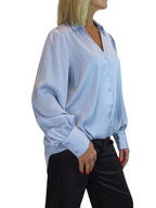 Womens Smart Satin Long Sleeve Blouse Silver Blue