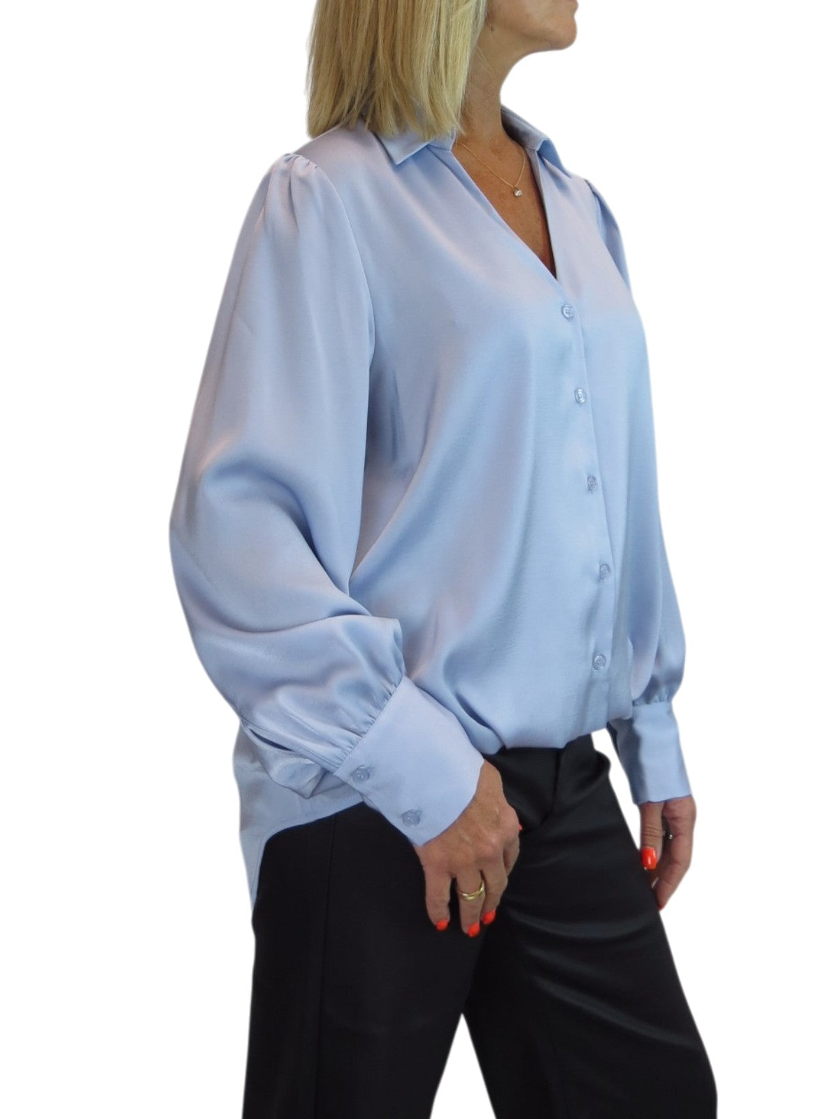 Womens Smart Satin Long Sleeve Blouse Silver Blue