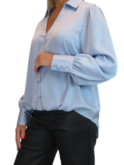 Womens Smart Satin Long Sleeve Blouse Silver Blue