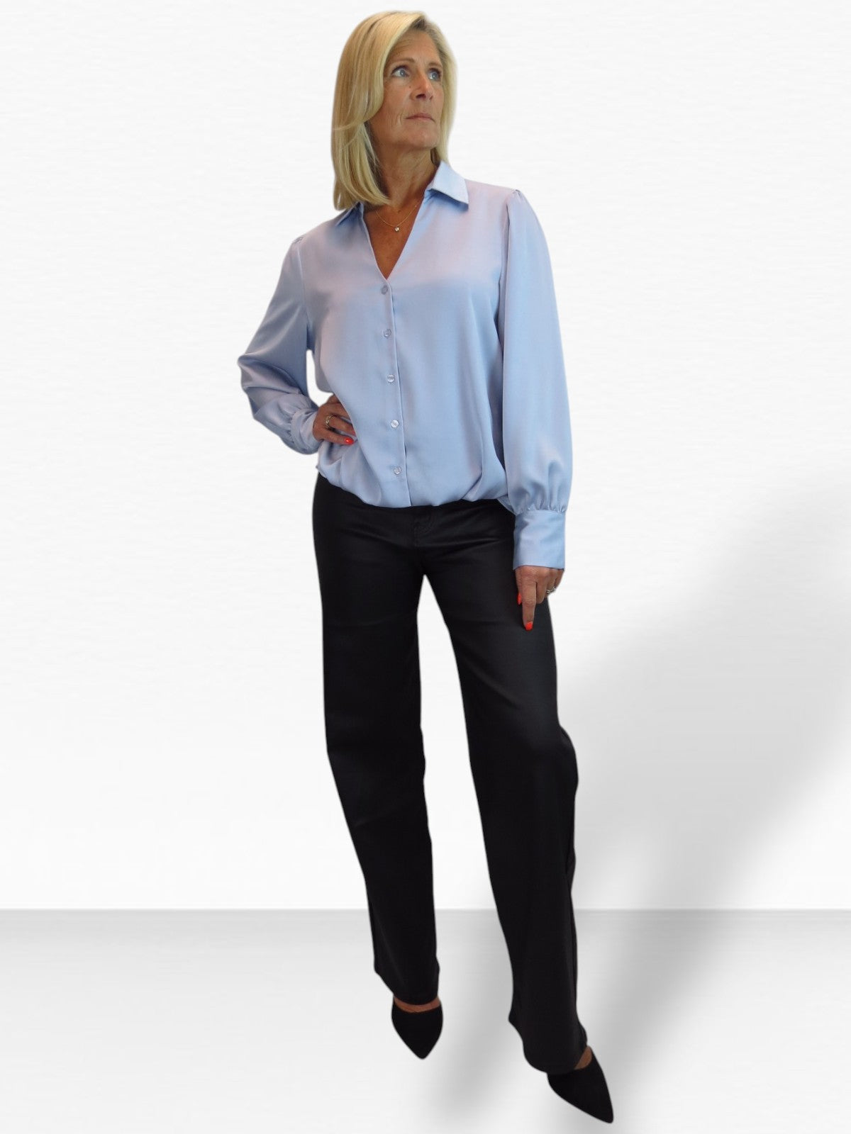 Womens Smart Satin Long Sleeve Blouse Silver Blue