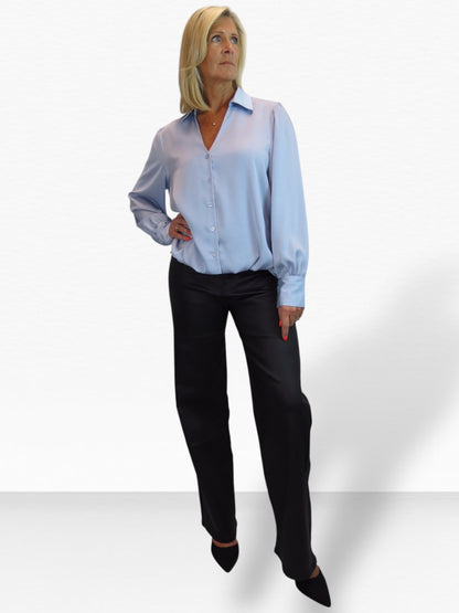 Womens Smart Satin Long Sleeve Blouse Silver Blue