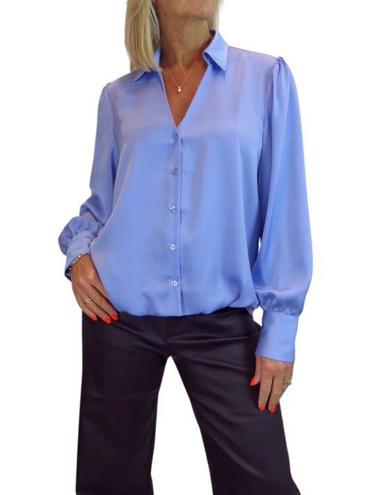 Womens Smart Satin Long Sleeve Blouse Blue
