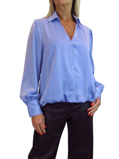 Womens Smart Satin Long Sleeve Blouse Blue