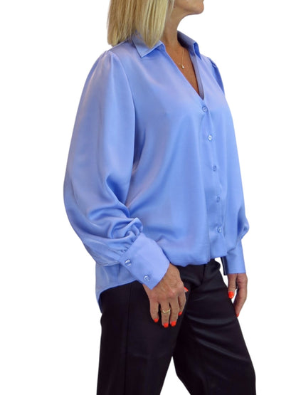 Womens Smart Satin Long Sleeve Blouse Blue